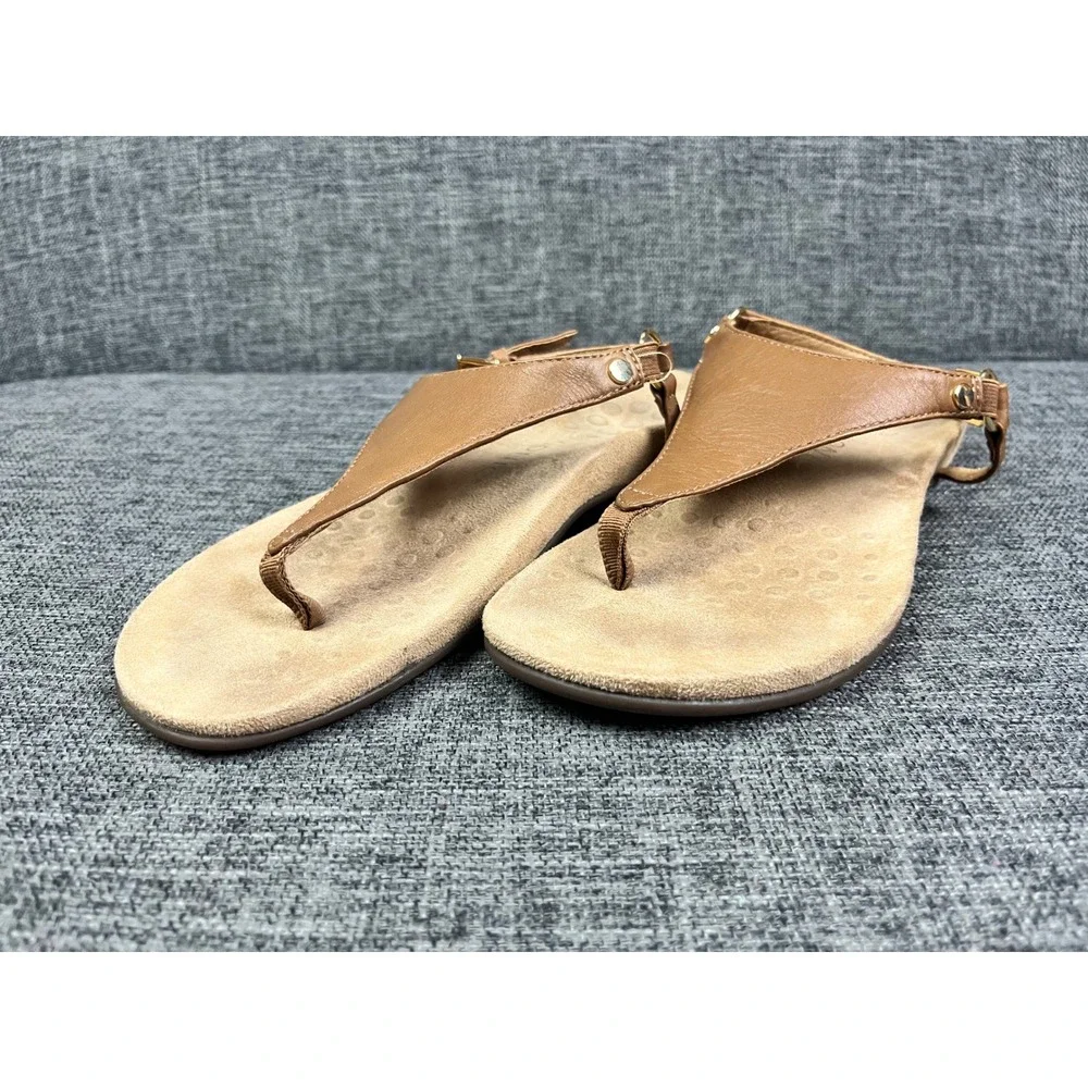 Vionic Kirra Tan Leather Backstrap Thong Sandals Womens 7 Orthotic Support